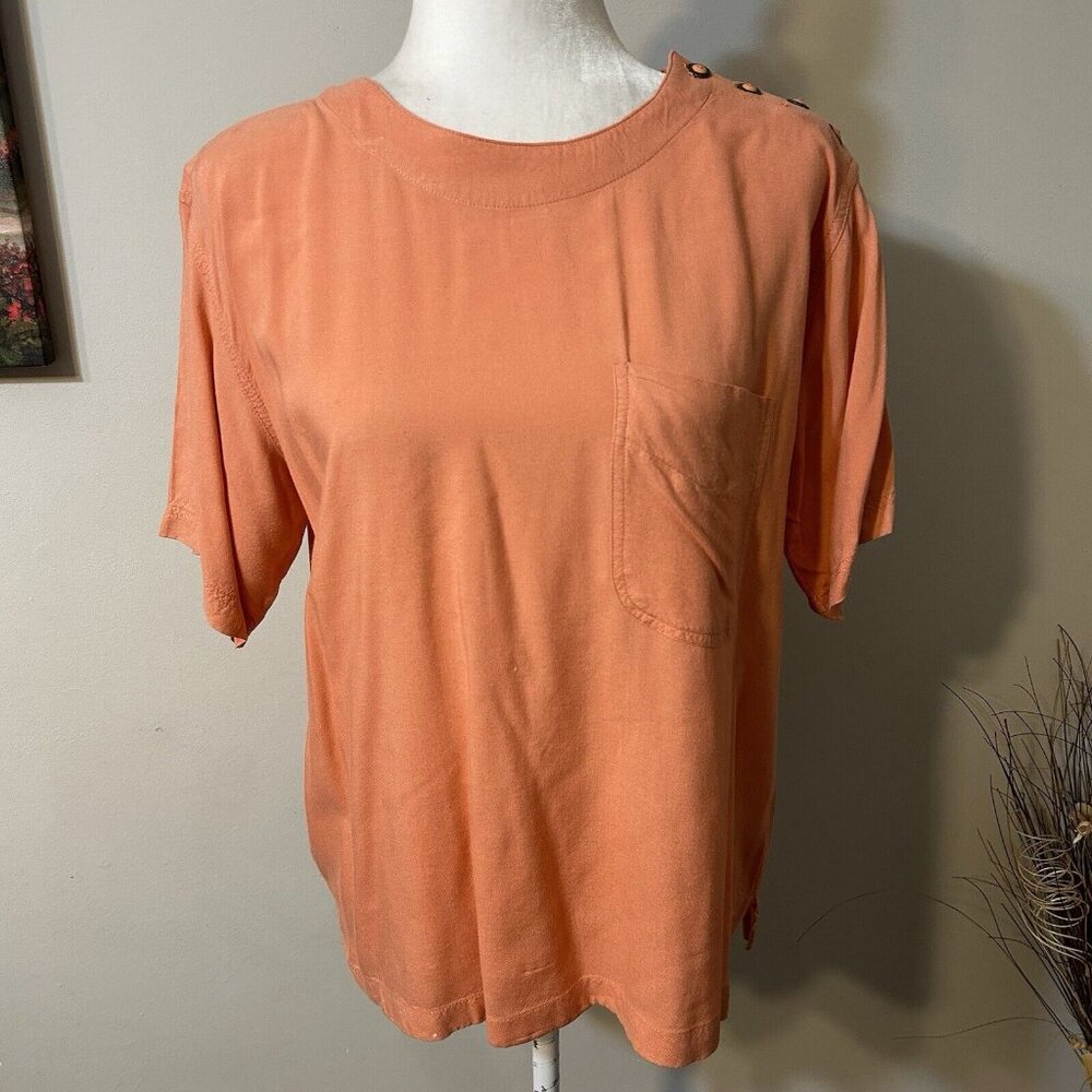 Vintage Hunters Run Women Top Shirt Orange Shoulder Buttons Short Sleeve Size 14
